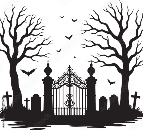 Black silhouette of a spooky cemetery gate with trees and bats