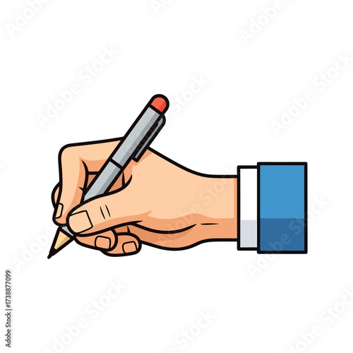 Illustration of a hand in a suit holding a pen for writing or signing.