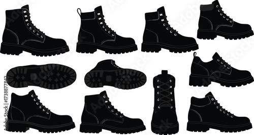 Silhouette hiking boots collection, outdoor footwear vector set, trekking shoes design, adventure gear illustration, mountain climbing shoes graphic isolated style