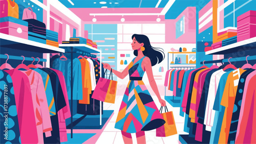 Beautiful Woman Shopping at Clothes Store Illustrator Artwork Banner Background Design Template 