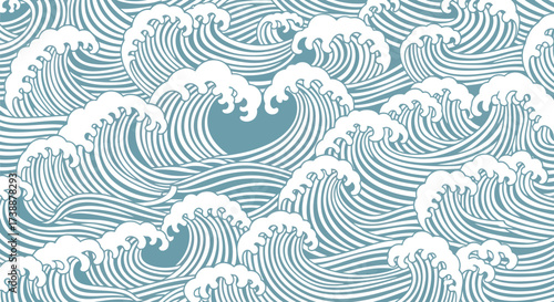 Japanese wave pattern illustration ocean waves blue and white artistic design.