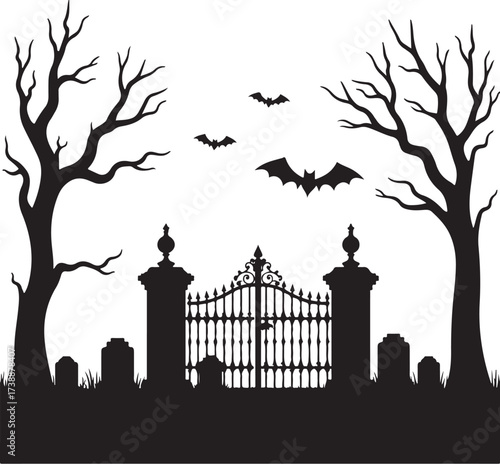 Black silhouette of haunted cemetery gate with bats and trees