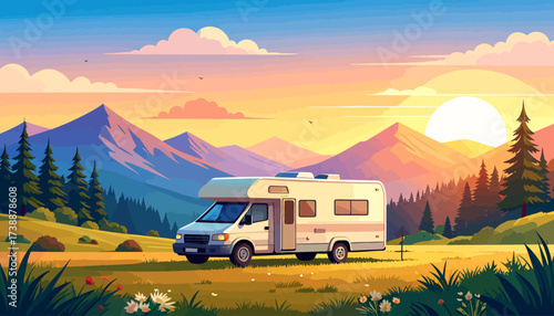 RV in a scenic landscape at sunset with mountains and trees.
