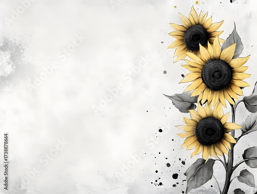 Elegant Sunflowers Sketch Grey Background Botanical Illustration