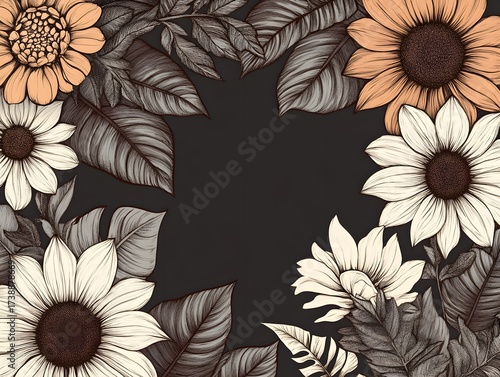 Elegant Floral Frame with Sunflowers and Tropical Leaves Botanical Illustration