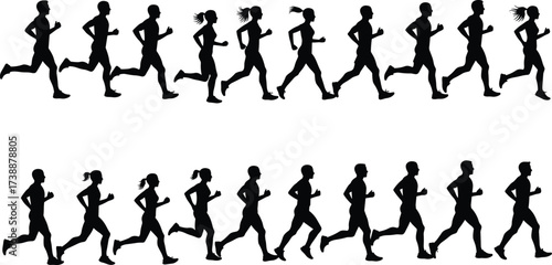 Silhouette men and women jogging together, group of runners training outdoors, healthy lifestyle fitness exercise, marathon running sport activity illustration