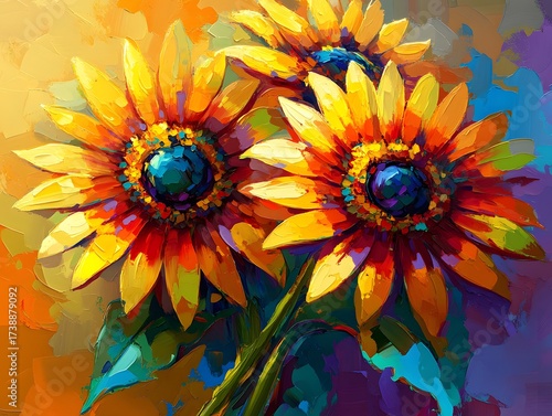 Vibrant Sunflower Trio Impasto Oil Painting