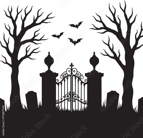 Black silhouette of ornate gate with bare trees and bats