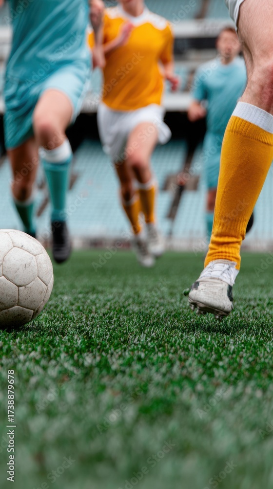Fototapeta premium Authentic High-Quality Football Match Action with Players Kicking Ball on Stadium Field Modern Sports Lifestyle for Social Media and Marketing Campaigns