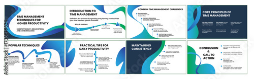 Modern presentation design with a blue–green theme, featuring organic curved shapes, dark–light contrast backgrounds, and clean layouts that highlight key visuals.
