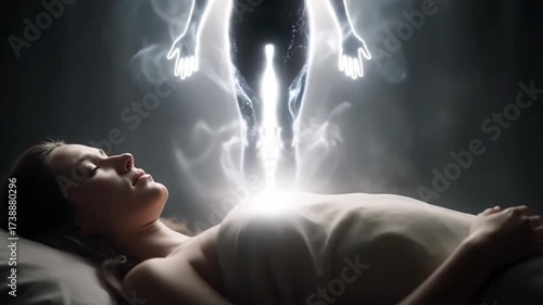 Woman lying down with her soul leaving body. Spirit energy or ghost leaves a human body. Concept of astral projection or reincarnation footage.