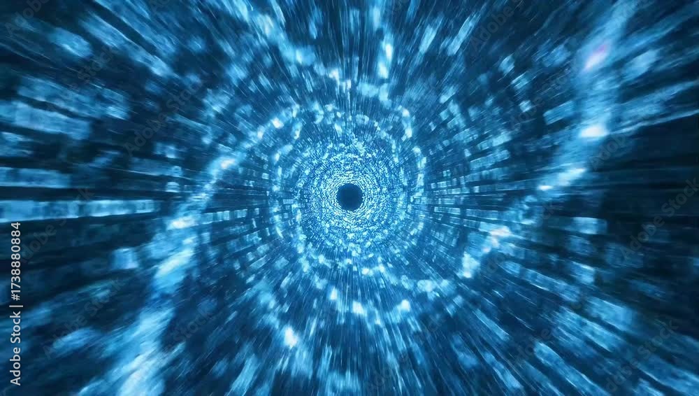 Abstract blue tunnel with glowing digital particles speeding towards a central point in a dark background with a futuristic and technological feel.