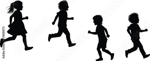 Silhouette of children running, kids playing, active boys and girls, outdoor activity, sport movement, childhood fun, fitness exercise vector illustration design