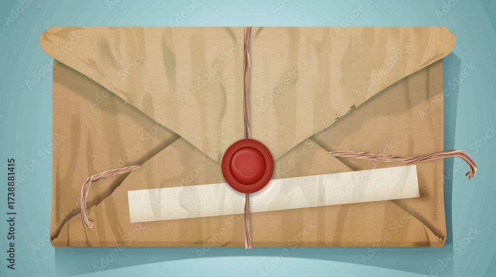Fototapeta premium Vintage Brown Paper Envelope Sealed with Red Wax and Twisted String on Blue Background