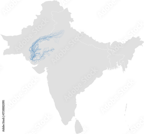 Indus river system – rivers vector map of India highlighting main stem, primary and secondary tributaries (Web Mercator, scaled by river size, PPT-compatible, multi-layered & fully editable)