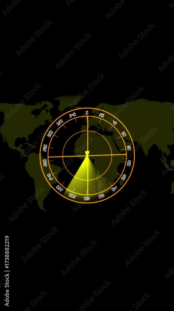 Futuristic yellow radar interface with sweeping light and world map ...