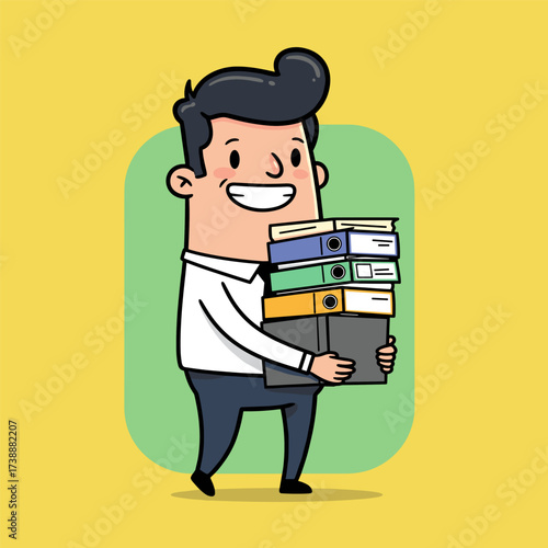 Cartoon worker carrying a tall stack of colorful binders, looking overwhelmed.