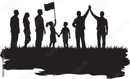 Black silhouettes of people on grass with flag family
