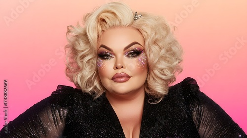 Glamorous drag queen with sparkly makeup and blonde wig against gradient background