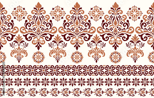 floral pattern vintage ethnic modern embroidery texture boho design vector illustration hand drawn pink flower motif branches leaves wallpaper seamless background border.	

