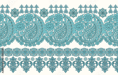 floral pattern vintage ethnic modern embroidery texture boho design vector illustration hand drawn pink flower motif branches leaves wallpaper seamless background border.	
