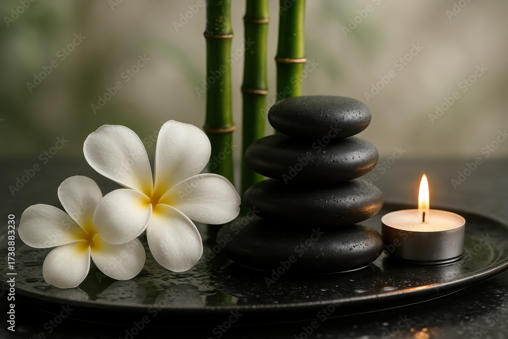 Obraz premium Spa still life frangipani flowers smooth zen stones and bamboo with candlelight