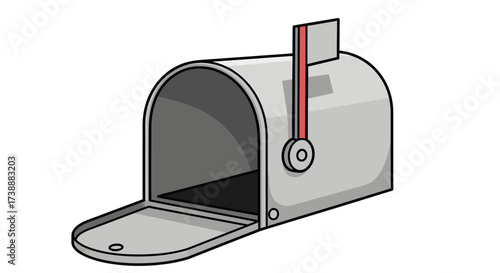 Open mailbox with red flag ready for mail delivery empty inside isolated on white background.