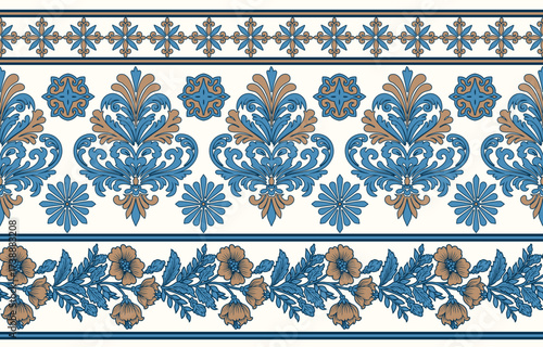 floral pattern vintage ethnic modern embroidery texture boho design vector illustration hand drawn pink flower motif branches leaves wallpaper seamless background border.	
