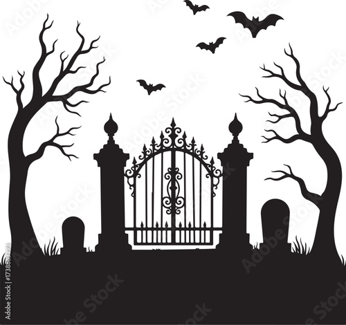 Cemetery gate with bare trees and flying bats silhouette