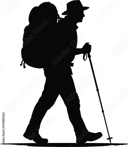 Silhouette of traveler with backpack and trekking pole, hiking outdoors, mountain explorer walking, camping adventure, trekking journey, outdoor expedition illustration