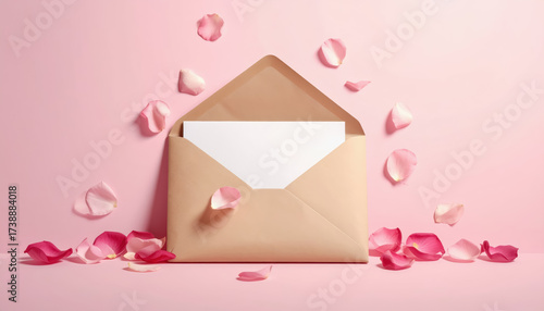 Open envelope with blank paper surrounded by colorful flower petals creating an artistic and romantic atmosphere