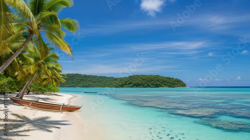 Tropical beach scene with swaying palm trees casting shadows on white sand Clear turquoise water reveals coral fish and distant lush island A wooden boat rests ashore under bright blue sky