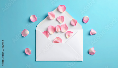 Open white envelope overflowing with delicate pink rose petals creating a romantic and aesthetic scene with space
