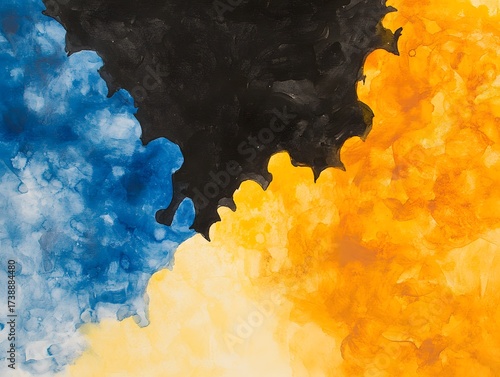 Abstract Watercolor Painting Blue Yellow Orange Black Swirls