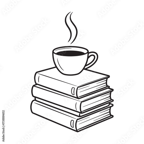 Aromatic Beverage on Literary Foundation A Cup of Coffee Perched on a Tower of Books Illustration