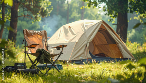 A comfortable camping chair positioned beside a tent on grassy ground with relaxing outdoor atmosphere and copy space