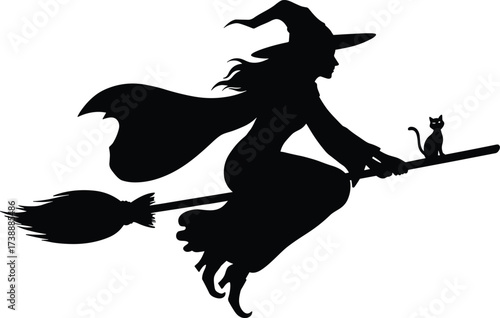 Silhouette of witch flying on broomstick with black cat, spooky Halloween fantasy character, horror night illustration, magical mystery costume design.