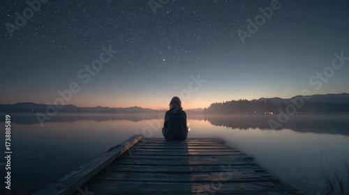 A person sitting on a dock looking at the stars
