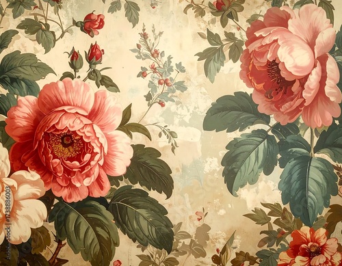 Vintage Floral Fabric Design with Roses.