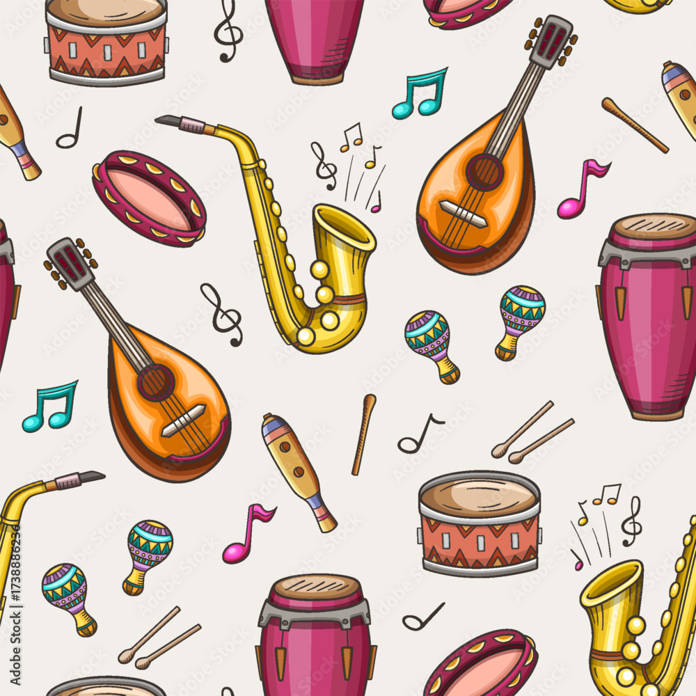 Obraz premium Seamless pattern of colorful musical instruments and notes