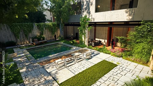 Outdoor courtyard garden with swimming pool