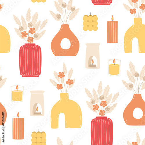 Seamless pattern of decorative vases dried flowers and candles