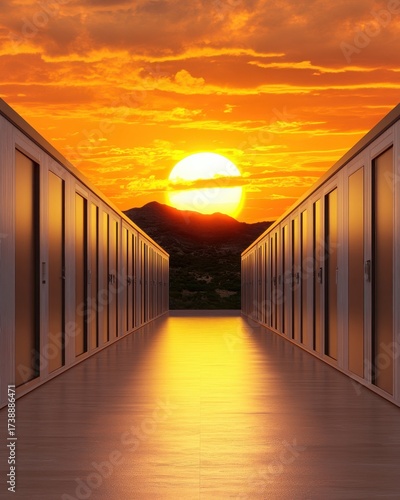 Dramatic Sunset Over Storage Units with Golden Light and Mountain Silhouette in the Distance