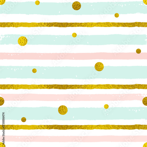 Seamless pattern of gold dots on horizontal pastel stripes