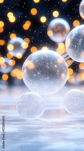 Molecular Structure with Glowing Spheres and Silver Connections on Blurred Background