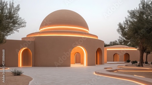 Exterior of Beige Dome Structure with Arches and Pathway in Minimalist Geometric Style Illuminated in Evening Light