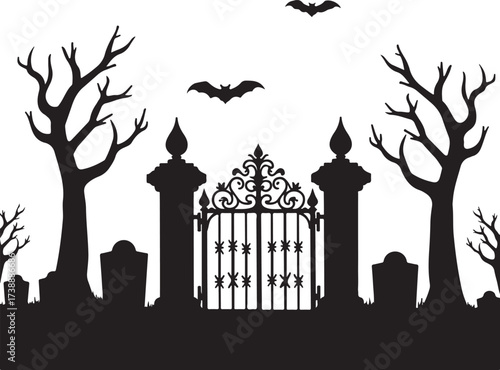Halloween cemetery gate with bare trees and bats graveyard