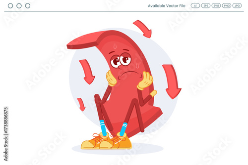 Sad downward arrow character sitting down surrounded by falling arrows