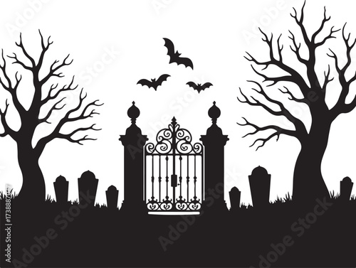 Halloween cemetery gate with bare trees and bats graveyard