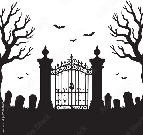 Halloween cemetery gate with bats and bare trees spooky